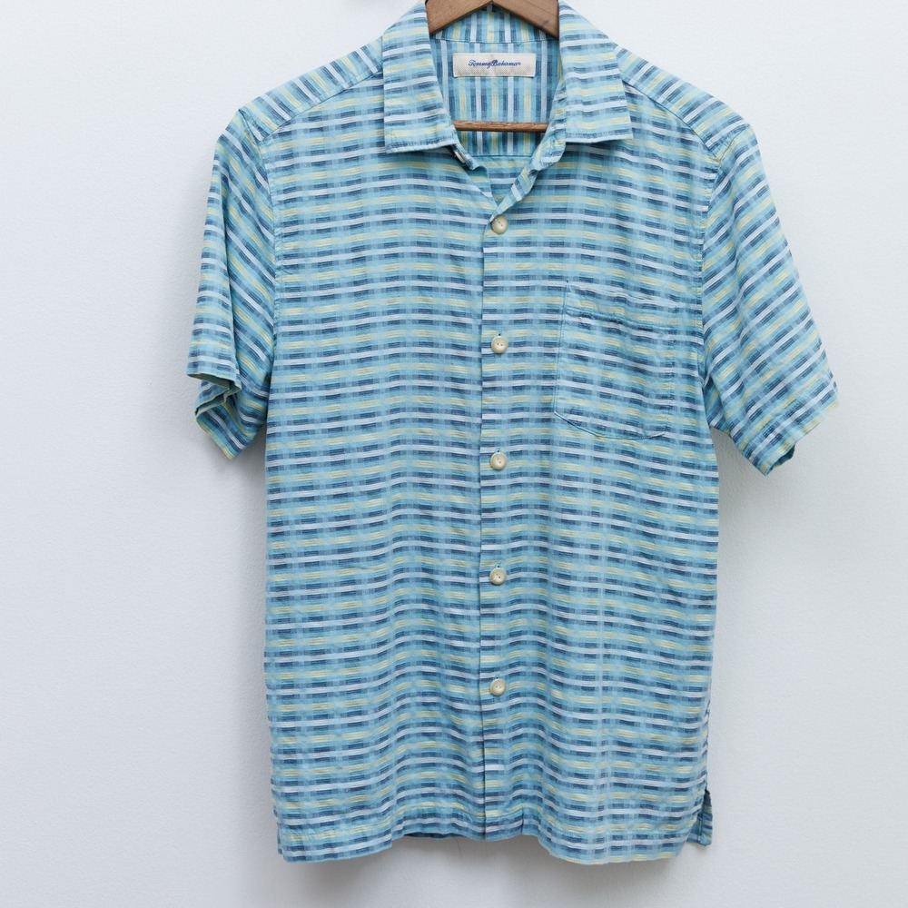 Tommy Bahama Mens Silk Cotton Striped Short Sleeve Button Down Shirt Blue Medium